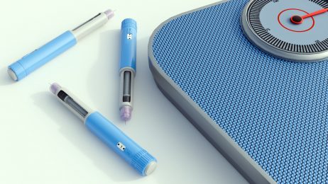 A 3d rendering of light blue medical injector pen and a bathroom scale, the monitoring and management of body weight as part of a weight loss journey.